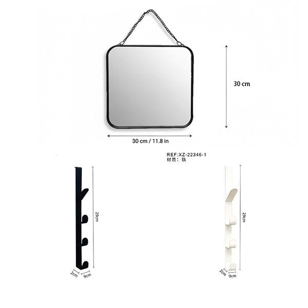 Set de Organización para Baño | Gancho Vertical de 3 Ganchos + Espejo Cuadrado de Alta Definición | Metal Resistente y Antirroto | 9x29cm | Ideal para Baño y Entrada | Organización Moderna y Minimalista