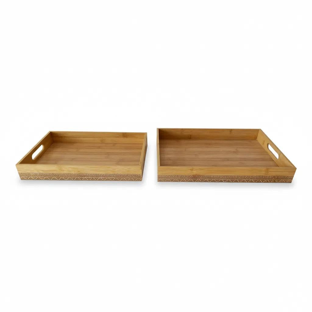 Bandera DeMadera Ecoamigable 2 Tamaños Diseños Étnicos Asas Perforadas Organizar Alimentos Decorar Comedor Salóncalidad Resistgleas Bandeja De Bambú Apilable para Cocina y Fiestas DecoraciónBoho