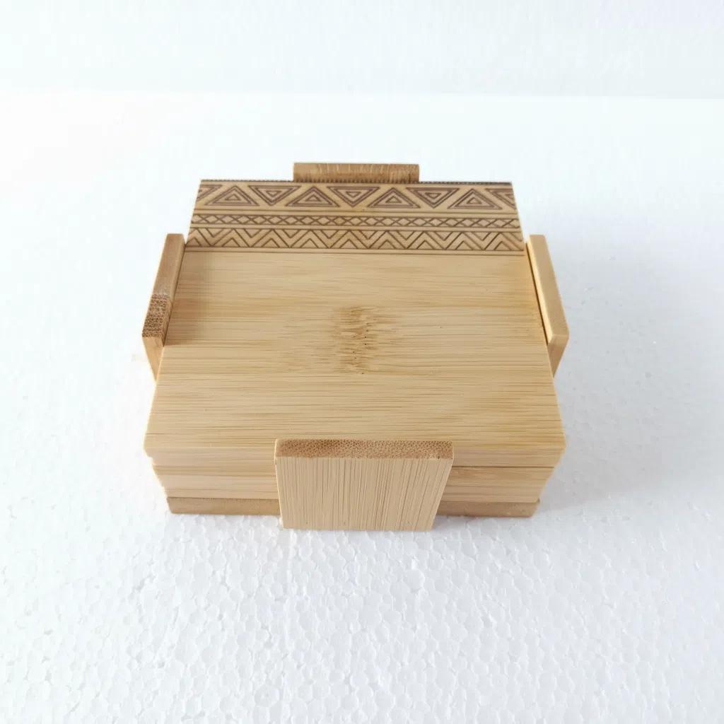 Set de posavasos de bambú con organizador 6 piezas diseño geométrico protector de mesa Bandejita de madera