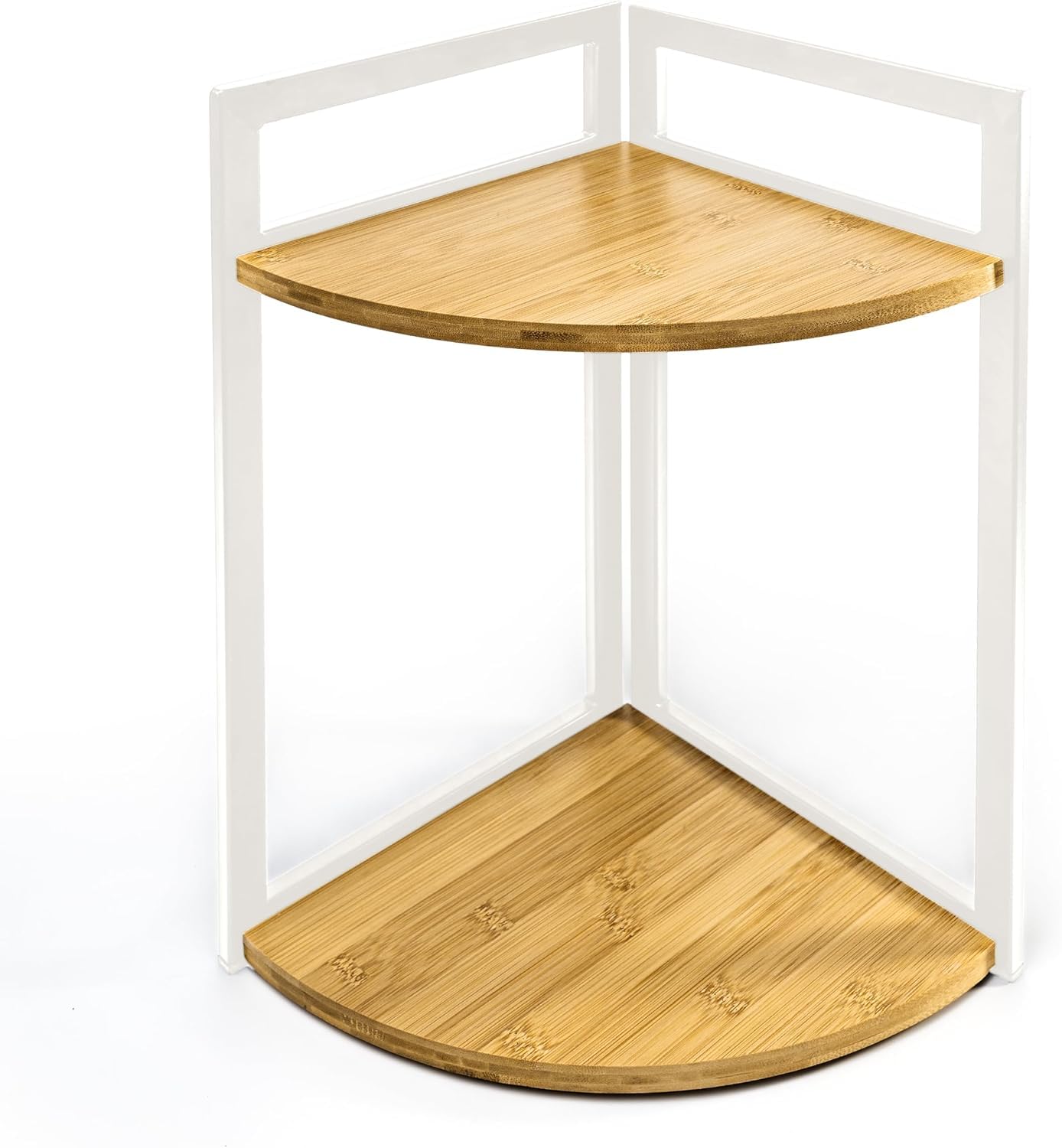 LIN HOME XZ-22122 Tabla de madera natural pirámide con marco metálico multifuncional 2 niveles almacenamiento resistente a arañazos para baño lavandería cocina y garaje