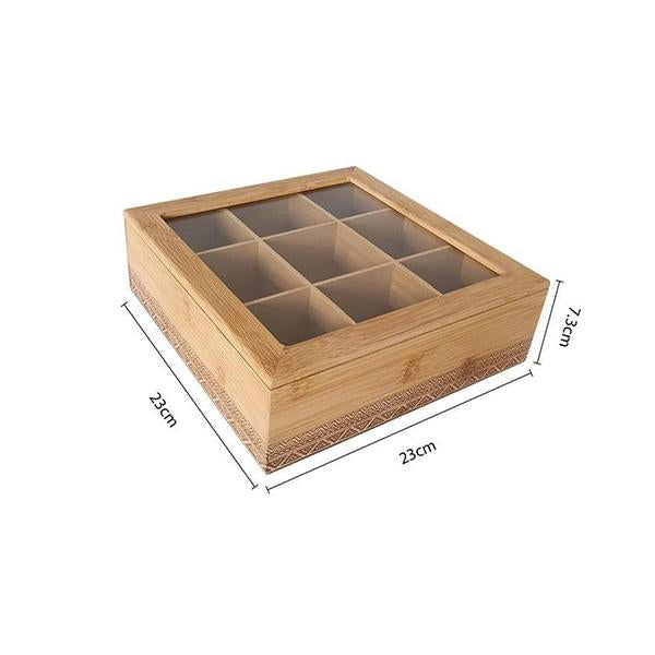 Caja de almacenamiento de té de bambú natural | Compartimentos + tapa de vidrio transparente | Caja hermética ecológica