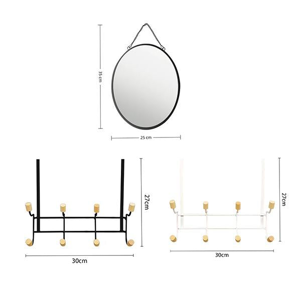 Conjunto organizador | Ganchos para puerta + espejo ovalado | Combinación de metal y madera