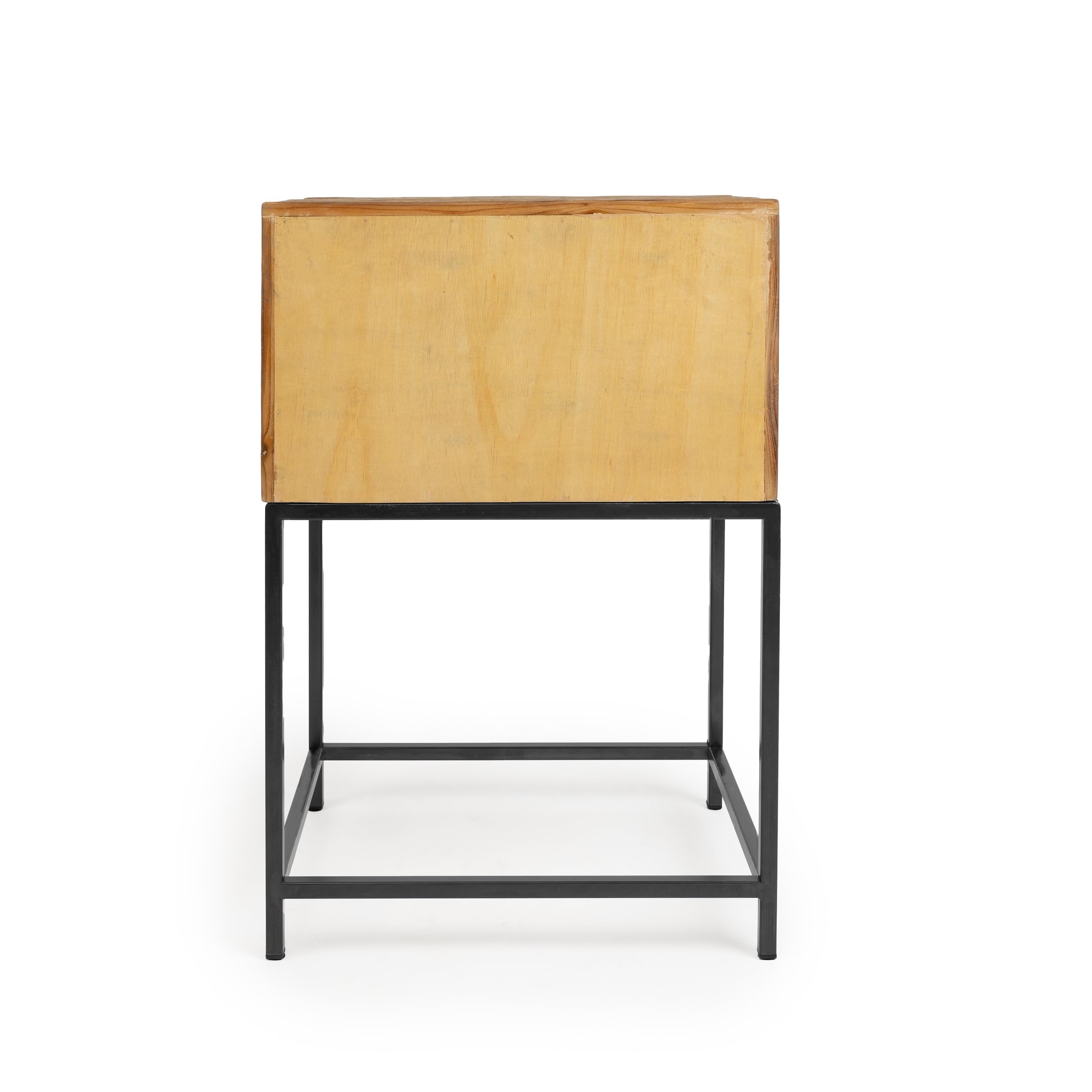 LIN HOME XZ-22159 Nochestand de Madera Antigua con Marco de Hierro Reforzado 2 Cajones 55x45x35 cm Estilo Industrial Vintage MueblesDeHierro AlmacenamientoConCajones