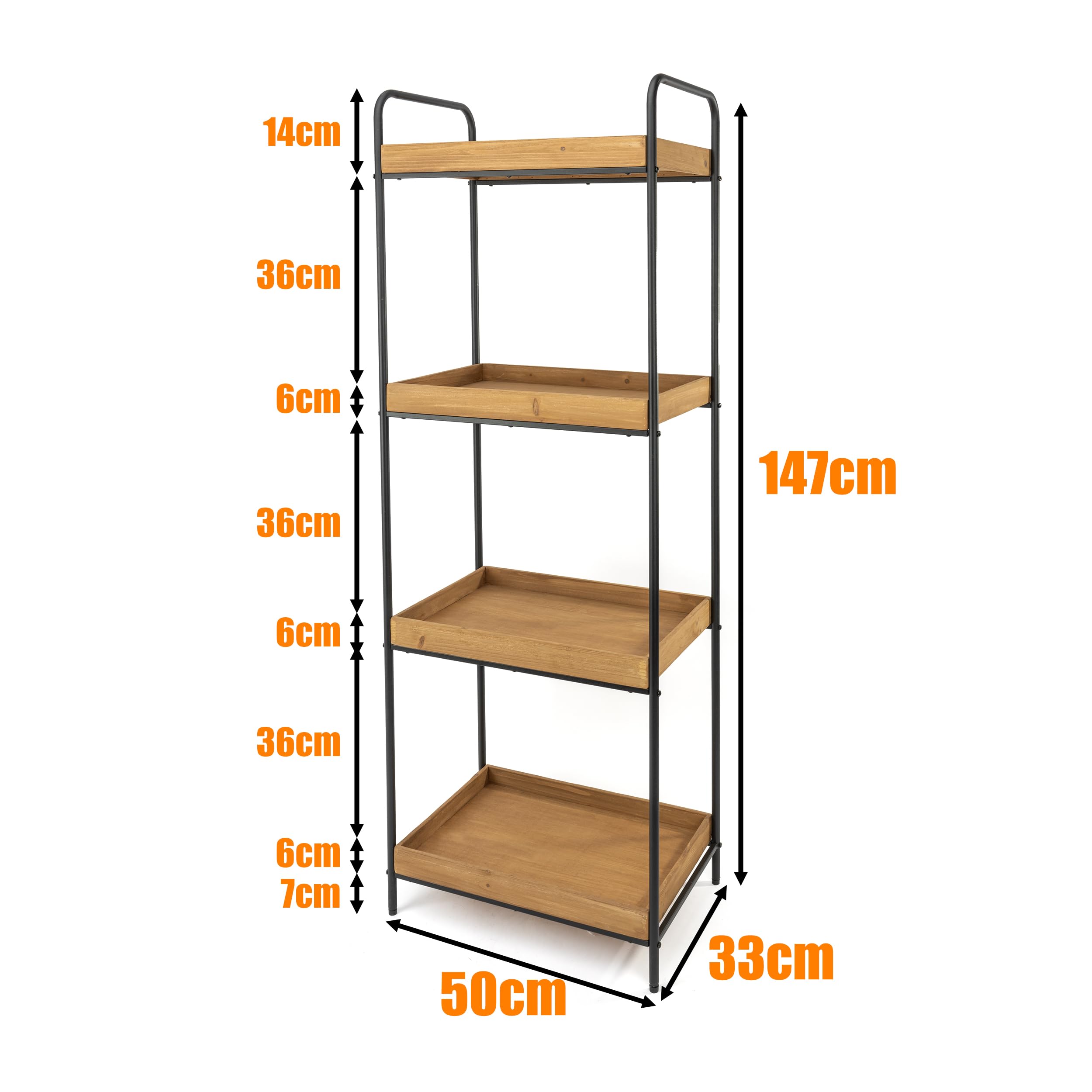 LIN HOME Estante de Almacenamiento para Baño 4 Niveles Estructura Metálica Negra y Estantes de Madera de Pino Natural Diseño Abierto con Bordes Elevados 45x30x120cm Estilo Industrial Minimalista Resistente al Óxido
