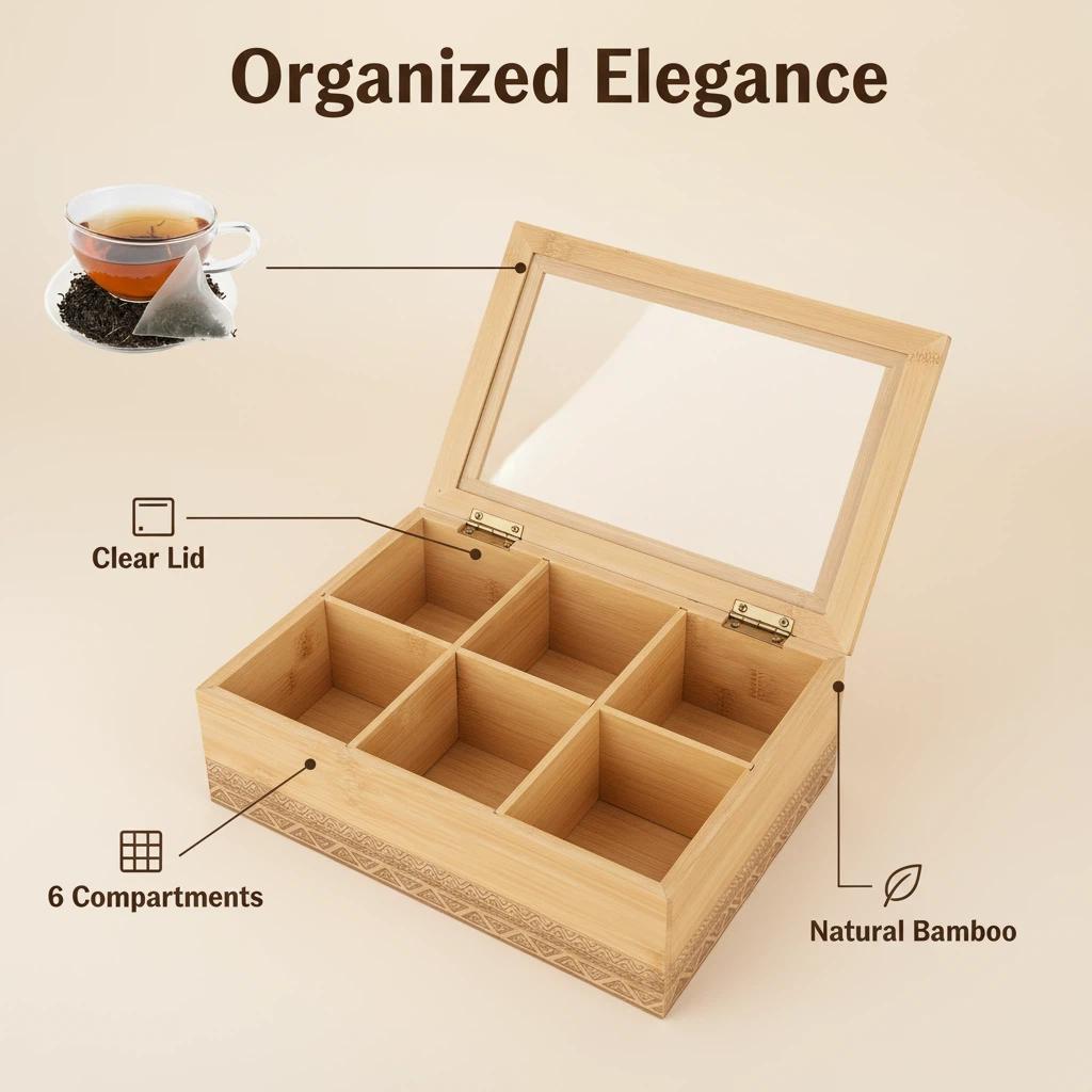 Caja de almacenamiento de té de bambú natural | Compartimentos + tapa de vidrio transparente | Caja hermética ecológica