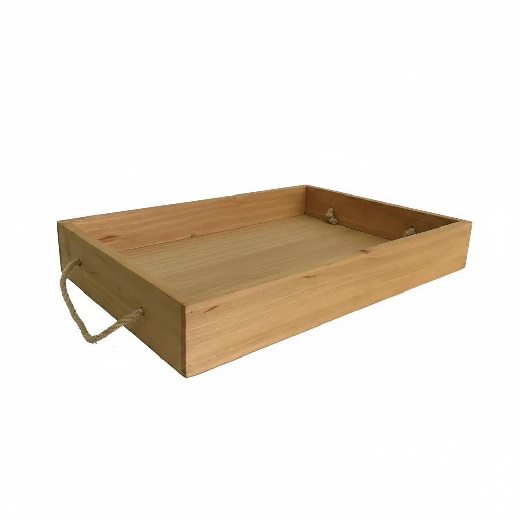 Bandeja de Madera Natural Set de Dos con Asa de Cuerda 32cmx20cmx5cm y Mango 35cmx23cmx5cm para Organización y Decoración Hogar DIY Resistente y Duradero Sin Pintura Ecológica