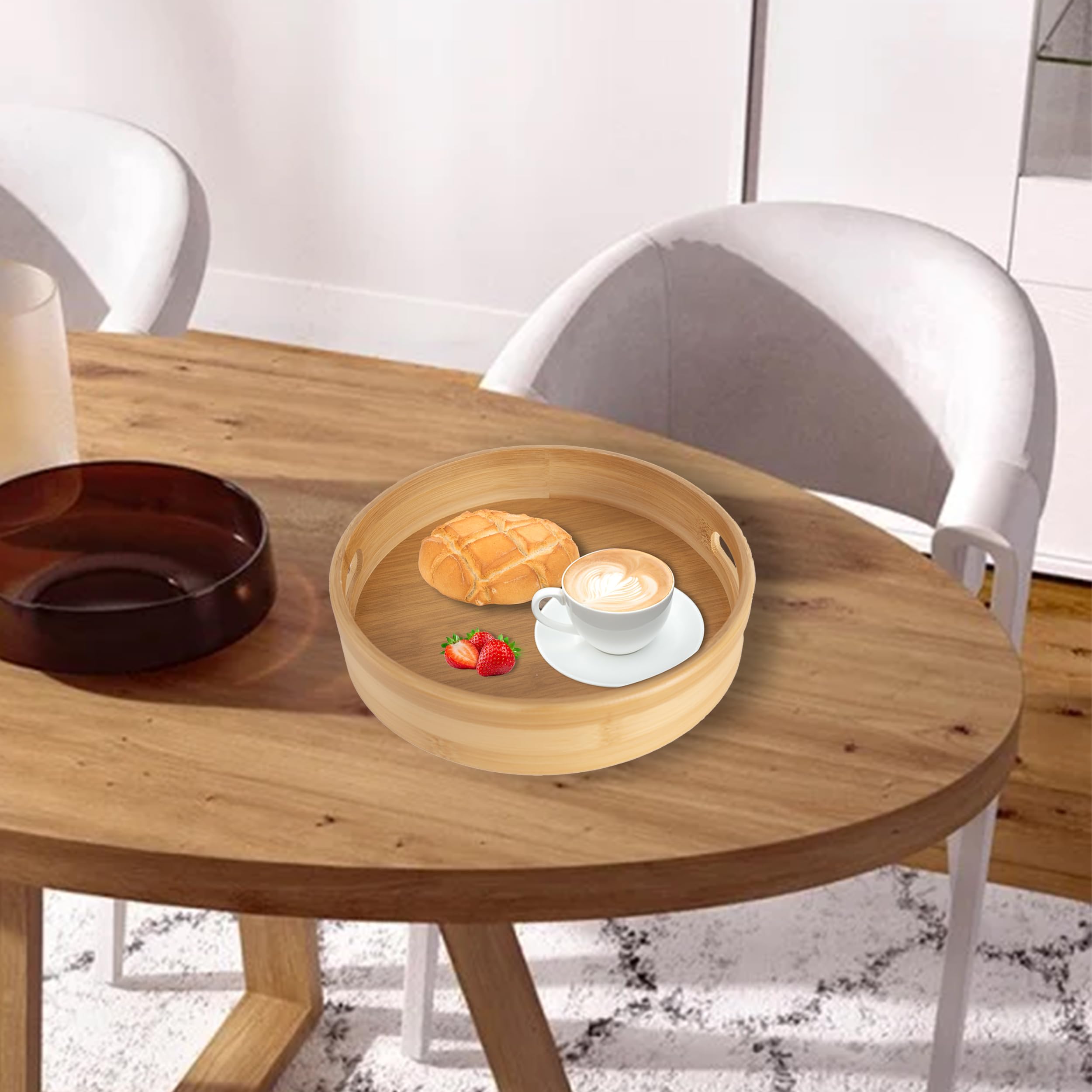 LIN HOME Plato Redondo de Bambú Natural RS22119V con Asa Ø 30 cm Ecológico y Saludable para Mesa de Comedor y Sala de Estar