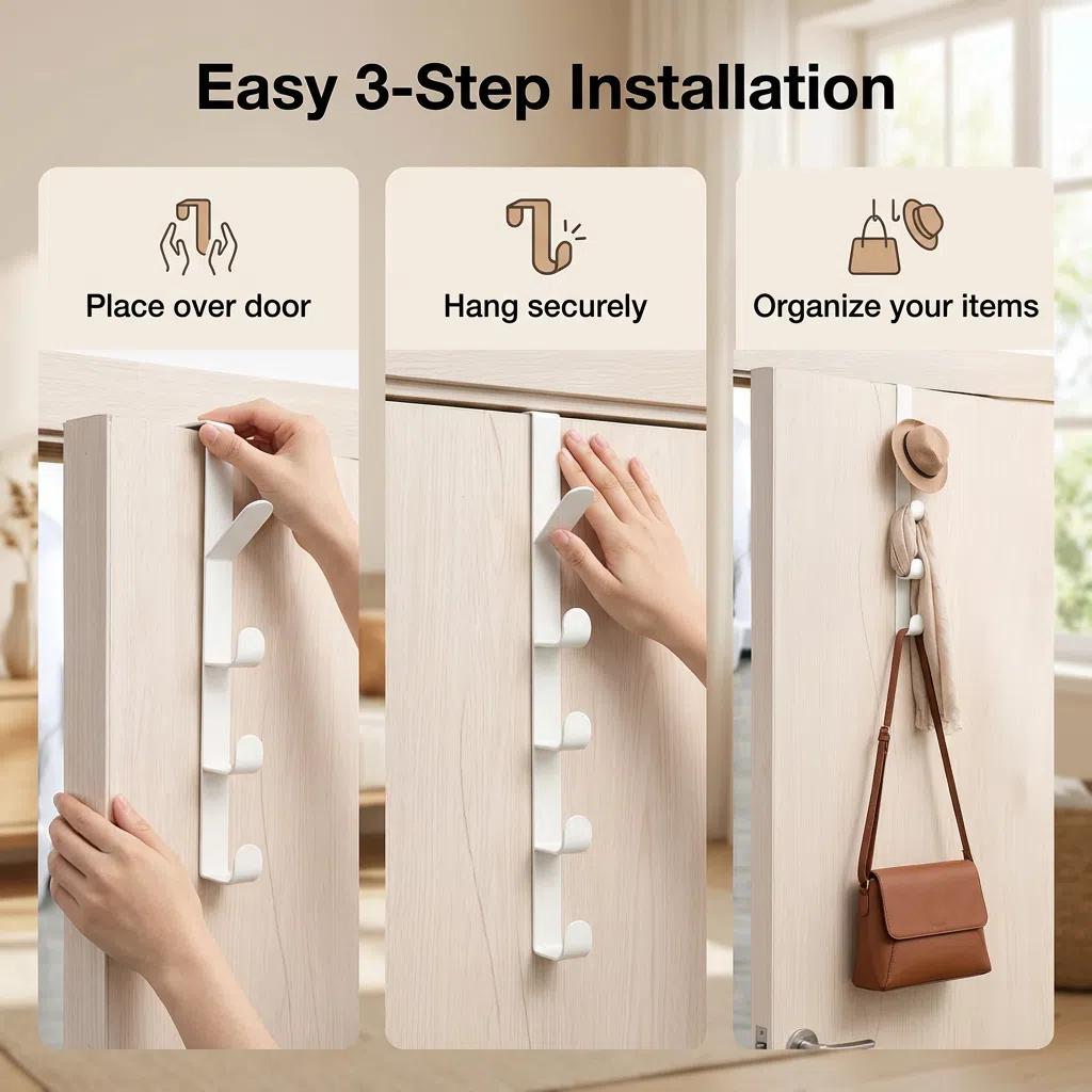 Set de Organización para Baño | Gancho Vertical de 3 Ganchos + Espejo Cuadrado de Alta Definición | Metal Resistente y Antirroto | 9x29cm | Ideal para Baño y Entrada | Organización Moderna y Minimalista