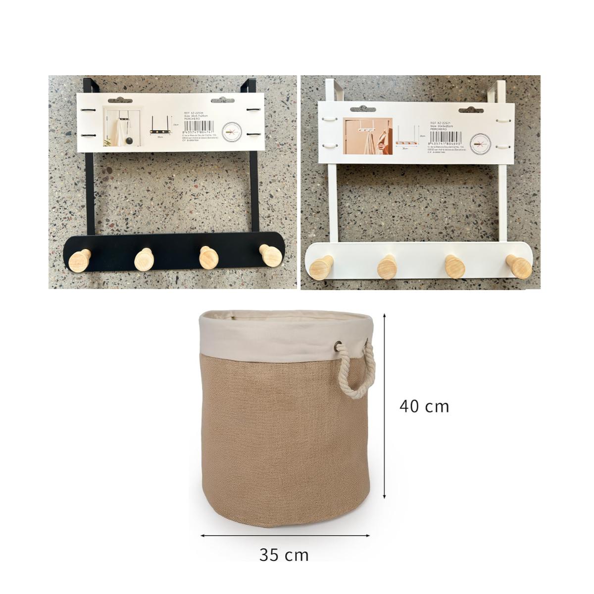 Set de Organización de Lino Natural | Perchero de 4 Ganchos + Cesta de Lino