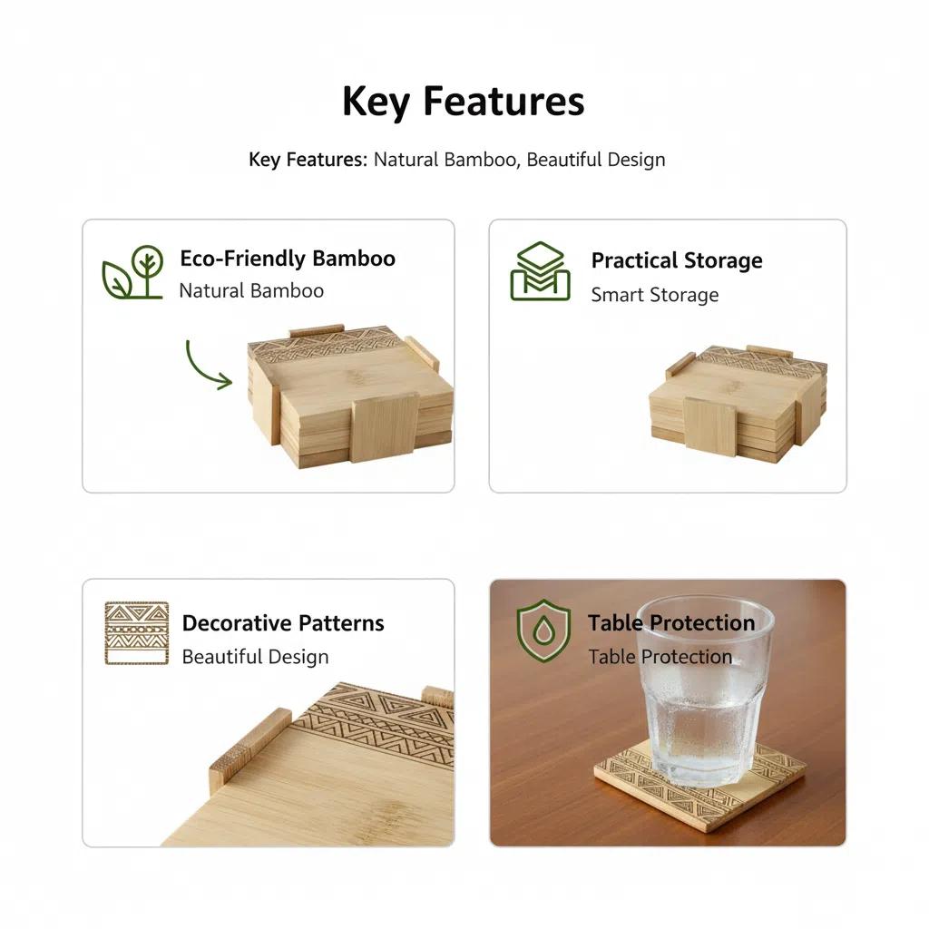 Set de posavasos de bambú con organizador 6 piezas diseño geométrico protector de mesa Bandejita de madera