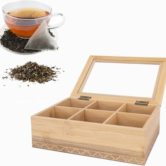 Caja Organizadora de Té de Bambú Natural con 9 Compartimentos y Tapa de Vidrio Transparente Ecológica y Resistente para Té Negro Verde Blanco Material Resistente Diseño Minimalista