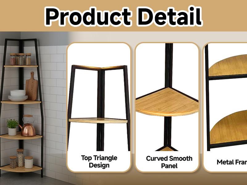 Estante Esquina 4 Niveles con Marco de Metal Negro y Tableros de Madera Clara muebles en oferta
