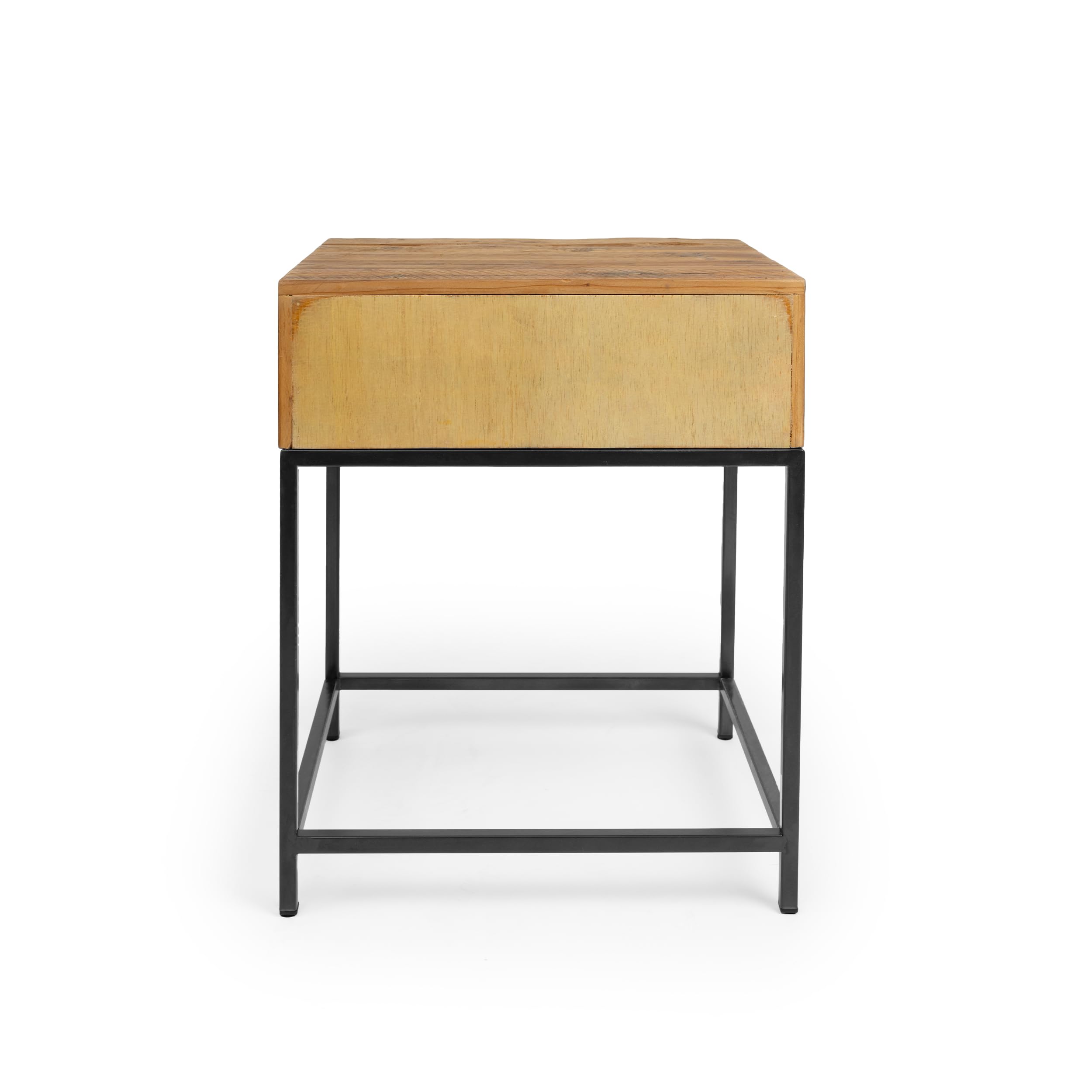 LIN HOME XZ-22143 Nochestand de Madera Antigua con Marco de Hierro, Mesa Auxiliar Industrial Vintage, Cajón Espacioso, 55x45x35 cm, Madera Natural y Hierro Negro