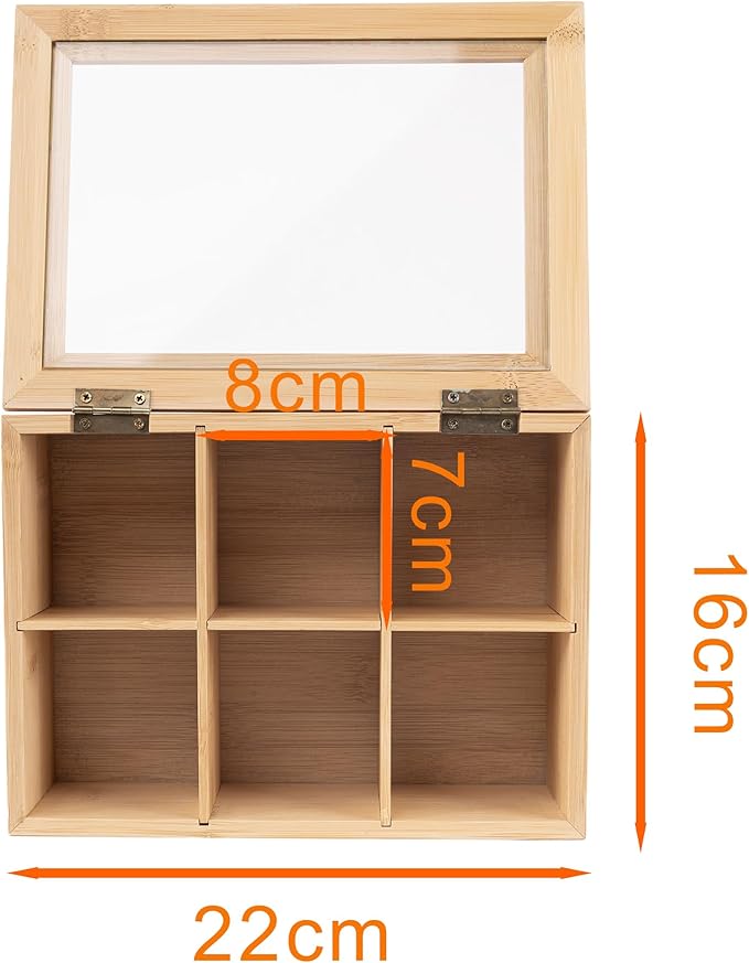 Caja Organizadora de Té de Bambú Natural con 9 Compartimentos y Tapa de Vidrio Transparente Ecológica y Resistente para Té Negro Verde Blanco Material Resistente Diseño Minimalista