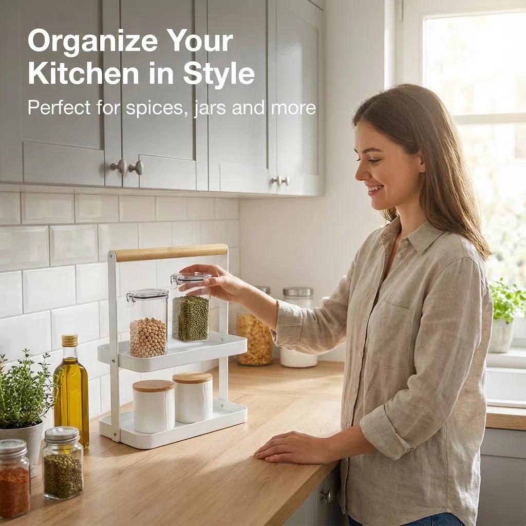 Organizador de cocina de metal y bambú para encimera, ideal para guardar condimentos. Ahorra espacio y es estable y duradero. Set de almacenamiento de especias