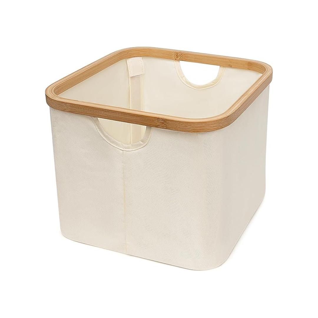 Cesto de Tela Plegable Cuadrado 30x30x24.5cm con Asa de Bambú Organizador Multiuso para Ropa Sucia Lavadero Baño Dormitorio Negro Gris Blanco Compacto y Portátil para Hogar