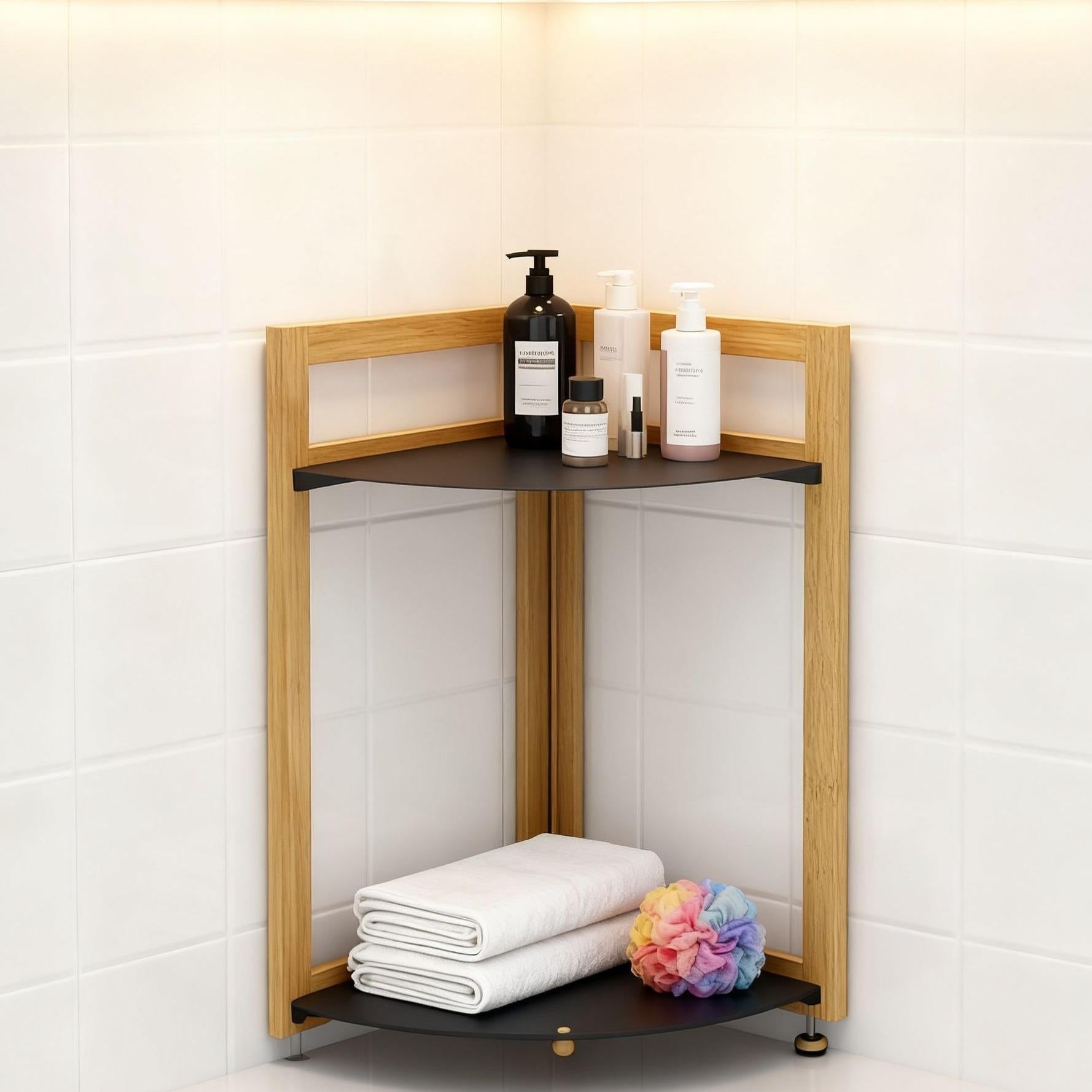 Estantería de Baño de Doble Capa Diseño Angular para Organización Minimalista 24cm de Ancho ABS Negro Impermeable Soporta hasta 5kg