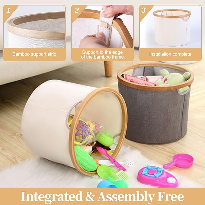 Cesta Organizadora de Tela con Marco de Bambú Ecológico Resistente para Almacenamiento Inteligente y Decoración Moderna con Diseño de Doble Espacio y Asas Resistentes