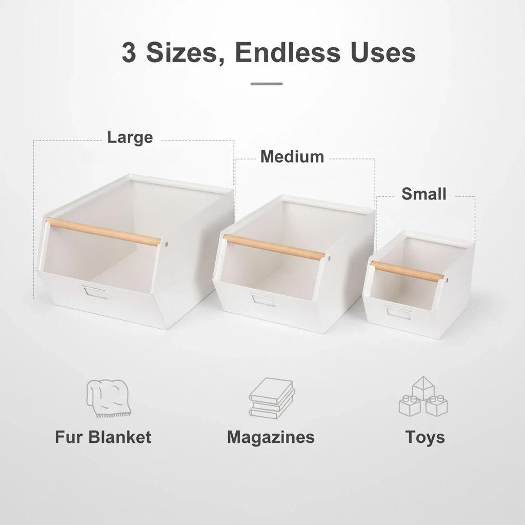 LIN HOME Set de 3 Cajas de Almacenamiento Metálicas Modulares Negro Mate y Blanco Crema Resistente a la Corrosión y Desgaste Capacidad 10kg para Oficina Dormitorio Cocina y Baño Soporte de bambú para cocina