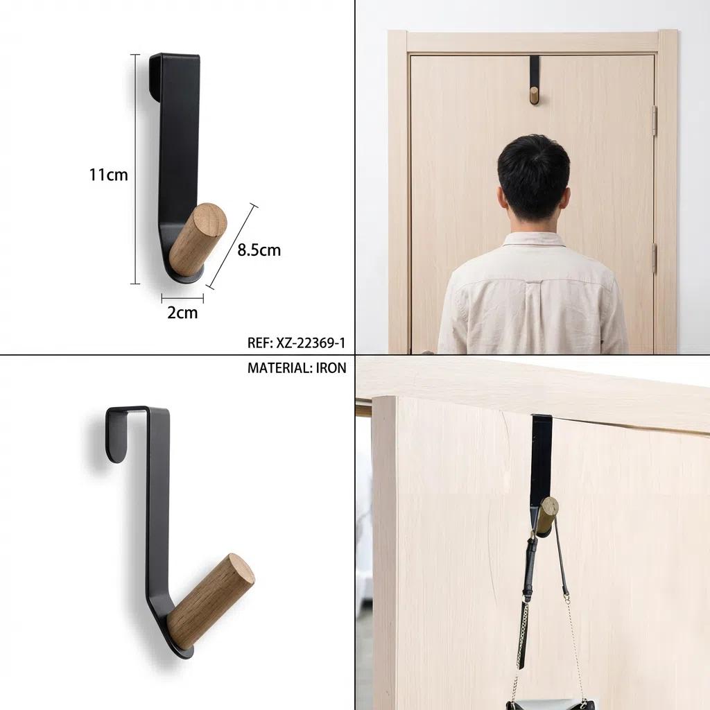Gancho de Hierro y Madera Sin Taladrar - Organizador Moderno Multifuncional para Puerta, Instalación Fácil, Materiales de Calidad, Dimensiones Precisas, Ideal para Ropa y Bolsas