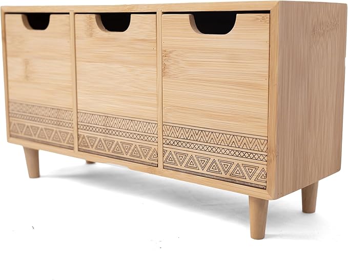 Mueble de Organización de Bambú con 3 Cajones Estilo Nórdico 33cm×11cm×18cm para Hogar Mesita de noche de madera y metal