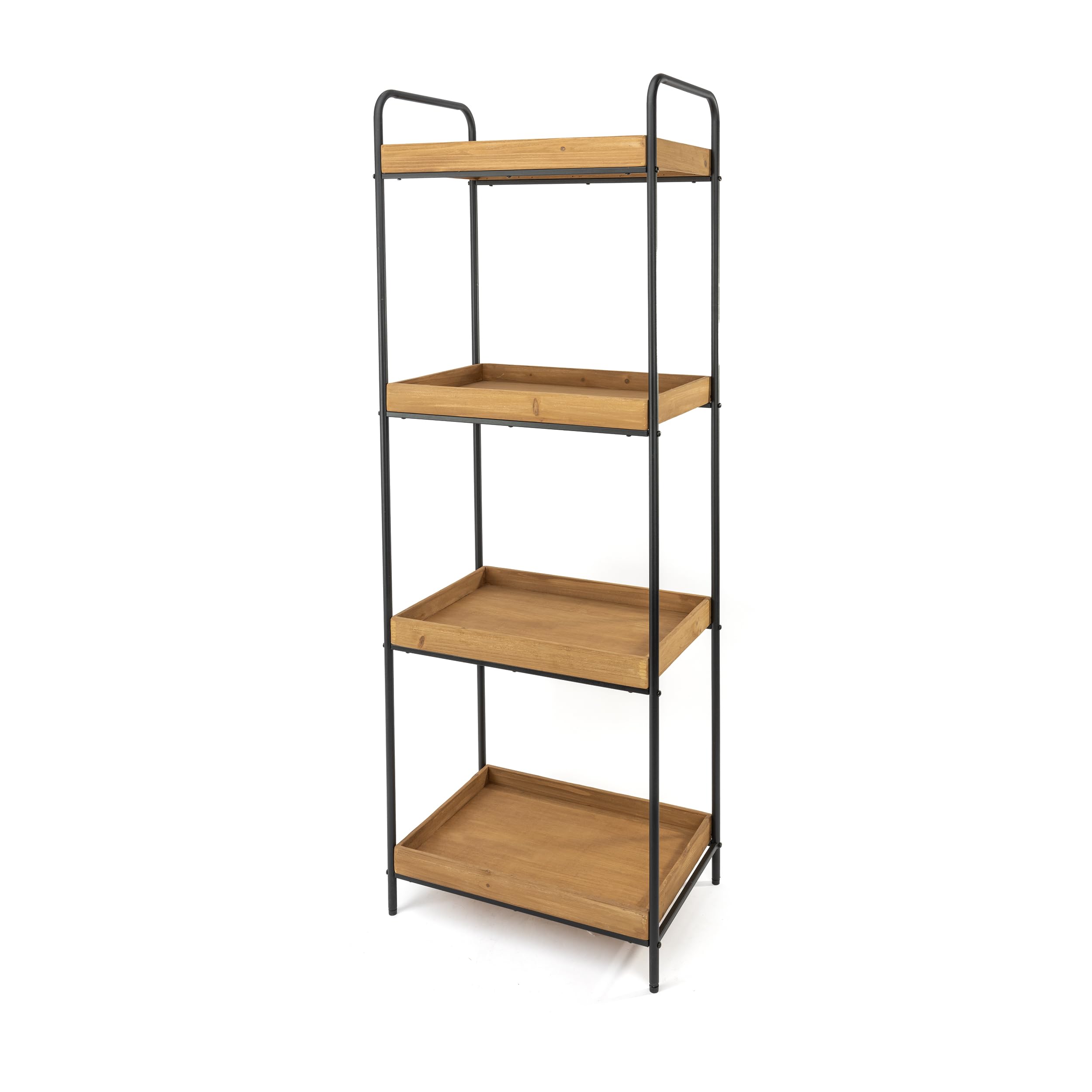 LIN HOME Estante de Almacenamiento para Baño 4 Niveles Estructura Metálica Negra y Estantes de Madera de Pino Natural Diseño Abierto con Bordes Elevados 45x30x120cm Estilo Industrial Minimalista Resistente al Óxido