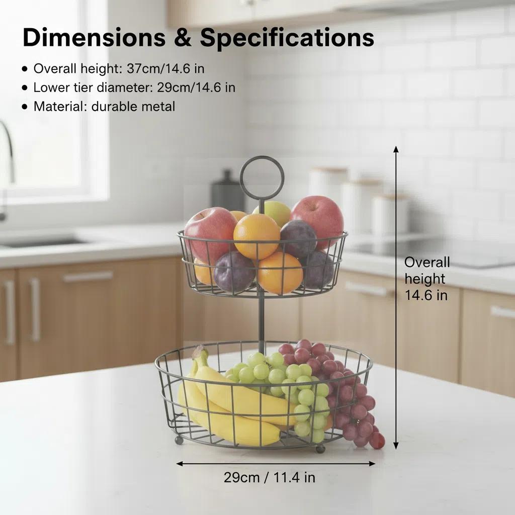 Canasta de frutas de metal negro de dos niveles Organizador de cocina Fruteros resistente con asa