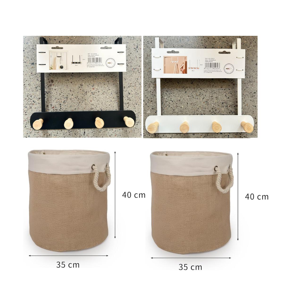 Set de Organización de Lino Natural | Perchero de 4 Ganchos + Cesta de Lino