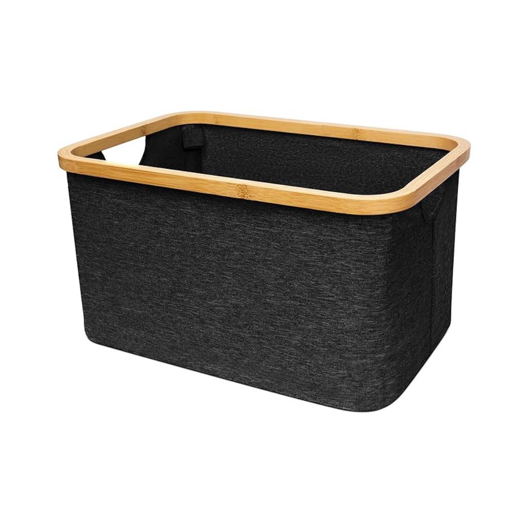 Cesto de Tela Plegable Negro para Ropa Sucia Rectangular 45x30x24.5cm con Asa de Bambú Organizador Multiuso para Lavandería Baño Dormitorio Resistente y Duradero