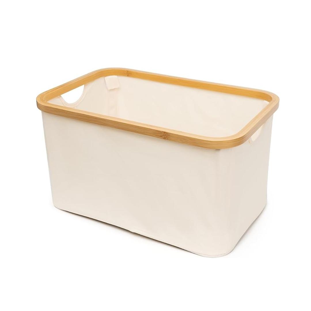 Cesto de Tela Plegable Negro para Ropa Sucia Rectangular 45x30x24.5cm con Asa de Bambú Organizador Multiuso para Lavandería Baño Dormitorio Resistente y Duradero