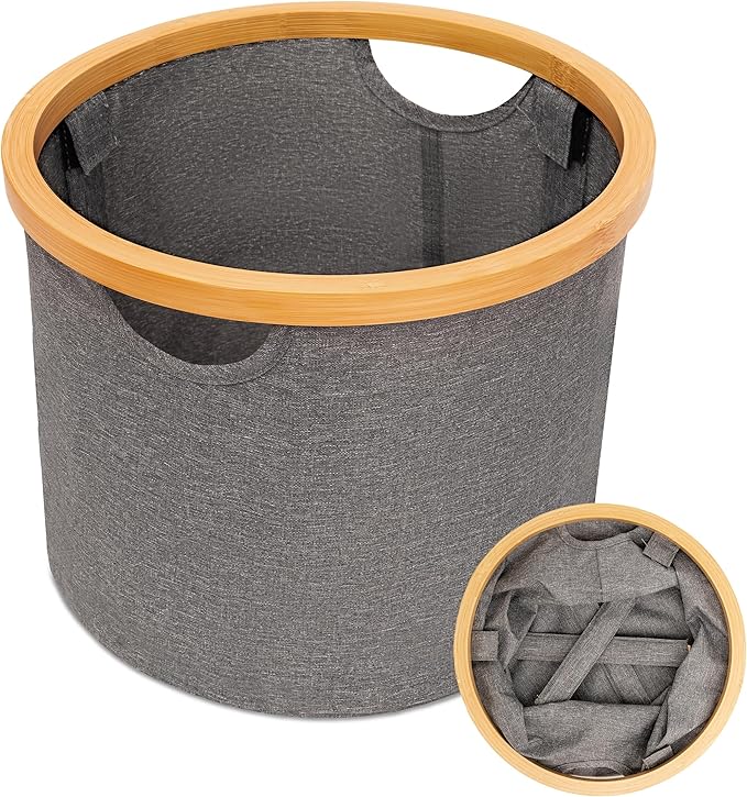 Cesta de Tela Plegable para Ropa Sucia Redonda 30x24.5cm con Asa de Bambú Cesta Organizadora Multiusos para Lavandería Baño y Dormitorio Material Tela Gris y Asa de Bambú