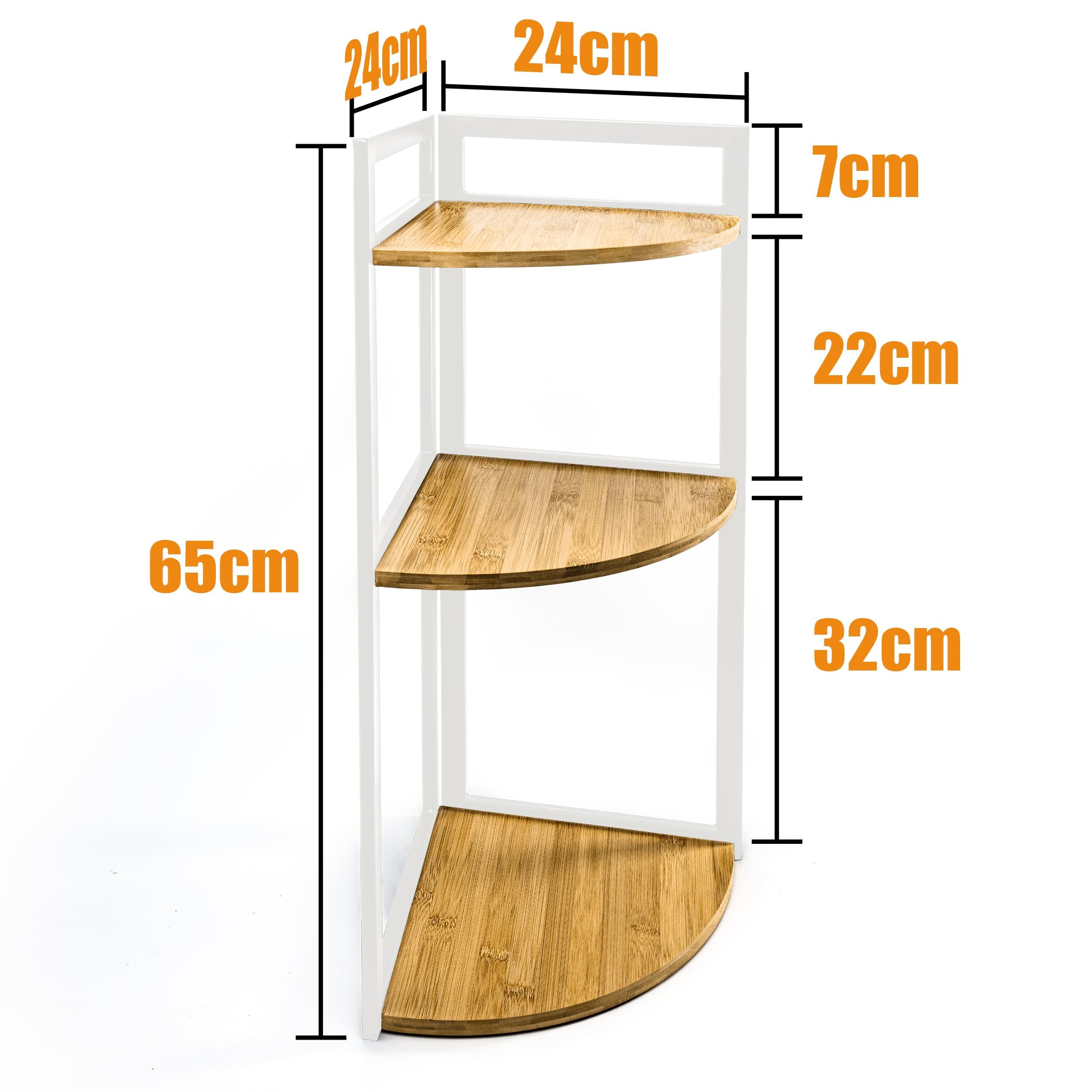 LIN HOME XZ-22123 plank van natuurlijk hout, piramide met metalen frame voor badkamer, kast, wasruimte, multifunctioneel 3 niveaus de almacenamiento de metal resistente a los arañazos alimentos y bebidas soportes y estanterías electrónica