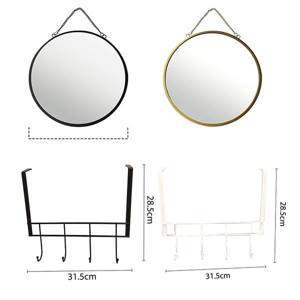Set de Organización para Baño con Gancho para Puerta y Espejo Redondo de Alta Definición Metal Grueso y Antirroto Ideal para Ambientes Húmedos Dimensiones 31.5x28.5cm Organización Bano