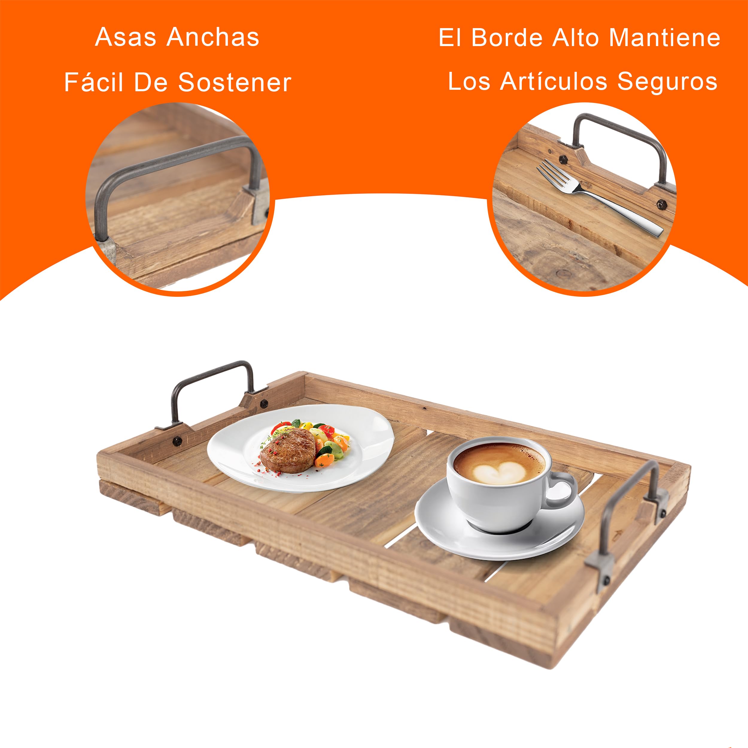 Serve con Elegancia Natural Perfecto para Desayuno en Cama Set de 2 Bandejas Vintage de Madera Maciza con Asas Metálicas Reforzadas y Tapones Antideslizantes para Salón Cocina y Comedor Capacidad 5kg Tamaño 35x25x5cm