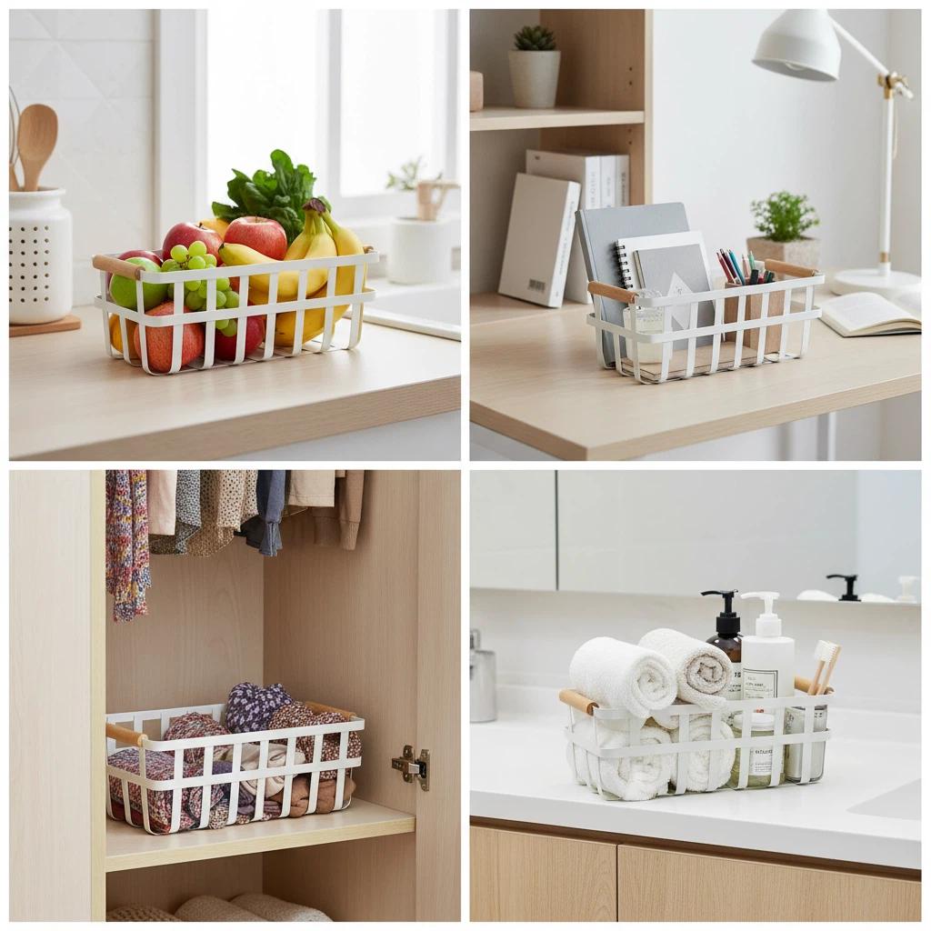 Cesta Organizadora Estilo Ins con Mango de Madera Natural Bandeja Multifunción para Frutas y Snacks Caja de Almacenamiento Nórdica para Cocina y Sala de Estar