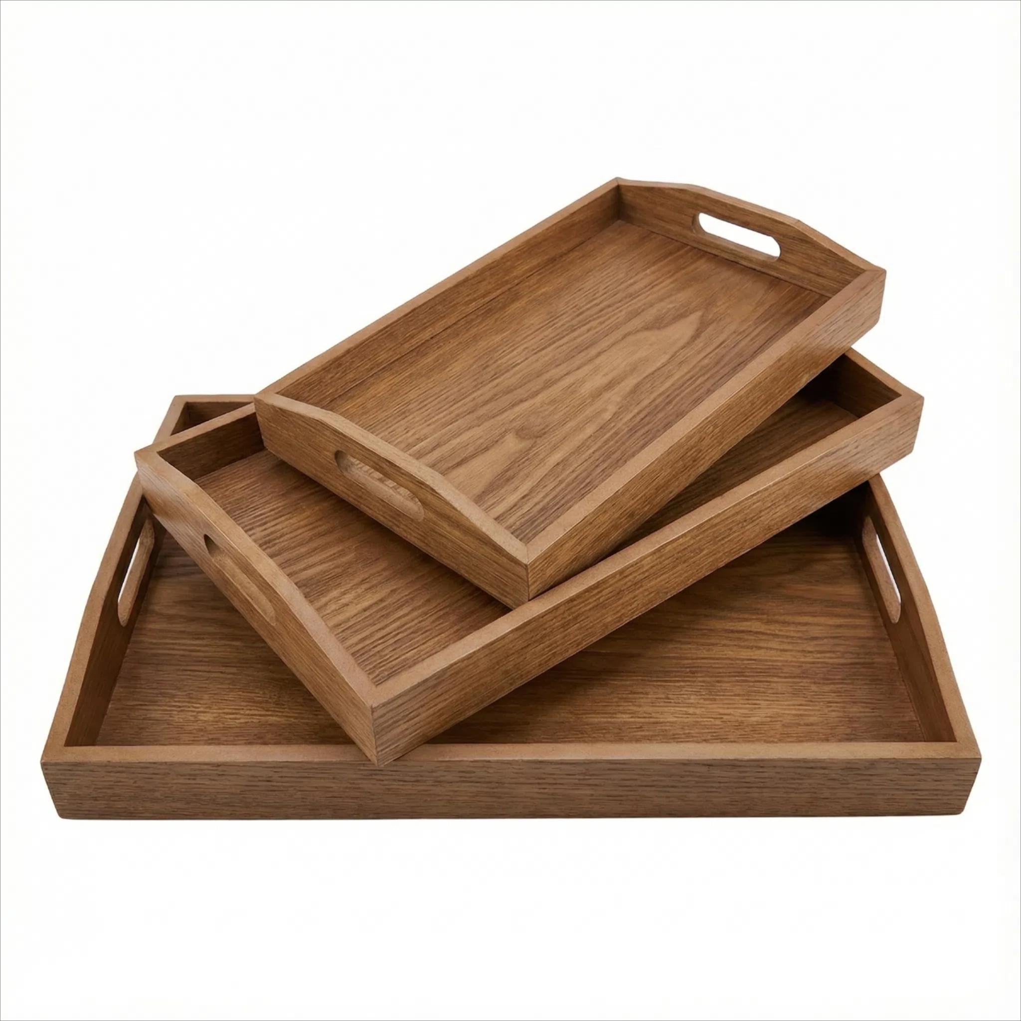 Serve in Style Set de 3 Bandejas de Madera Multifunctionales Tamaños 32x20x5 35x23x5 38x26x5 con Asas Metálicas para Organización Hogar y Decoración de Calidad Superior