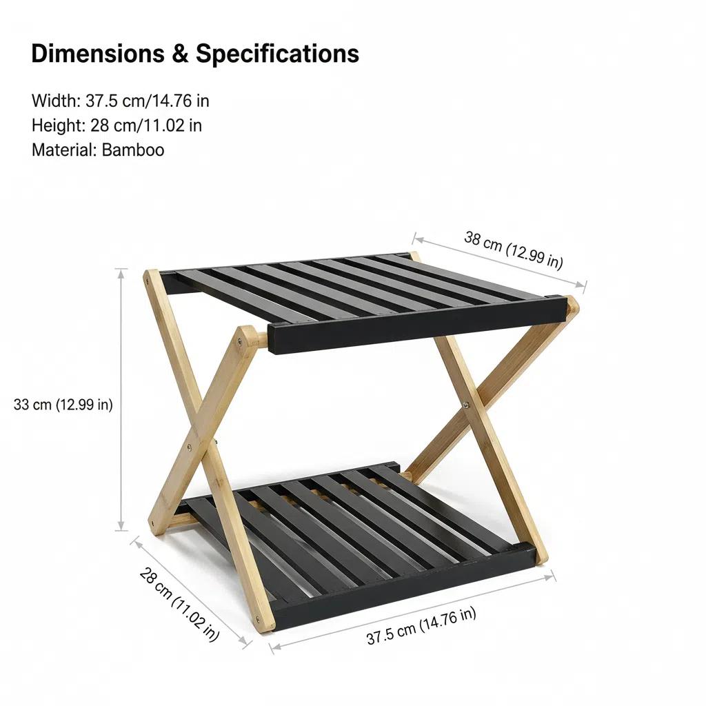 Estante Zapatero Plegable de 2 Niveles de Bambú 28x37.5x33cm Negro Organizador Portátil para Calzados Sin Instalación Ideal para Pasillos