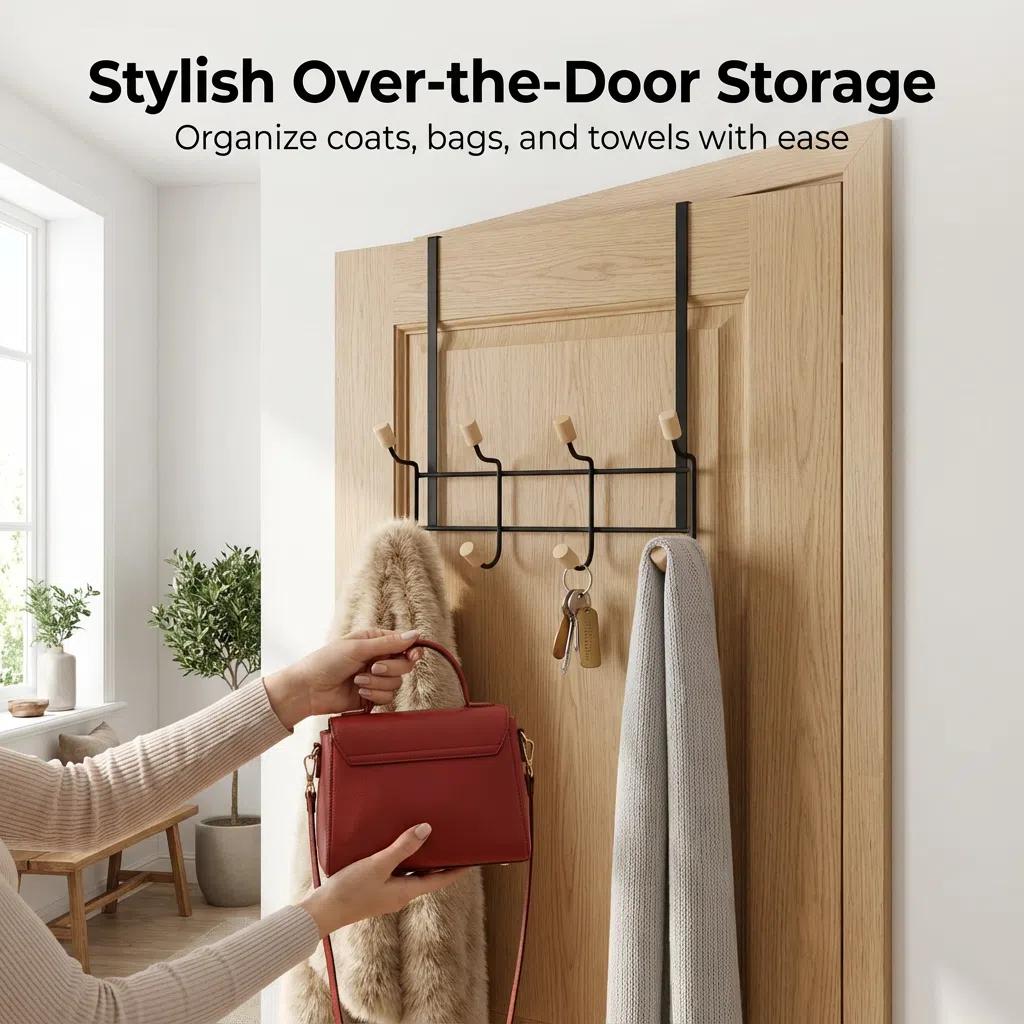 Conjunto organizador | Ganchos para puerta + espejo ovalado | Combinación de metal y madera