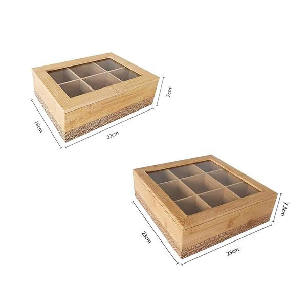 Caja de almacenamiento de té de bambú natural | Compartimentos + tapa de vidrio transparente | Caja hermética ecológica