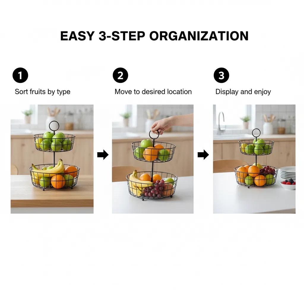 Canasta de frutas de metal negro de dos niveles Organizador de cocina Fruteros resistente con asa