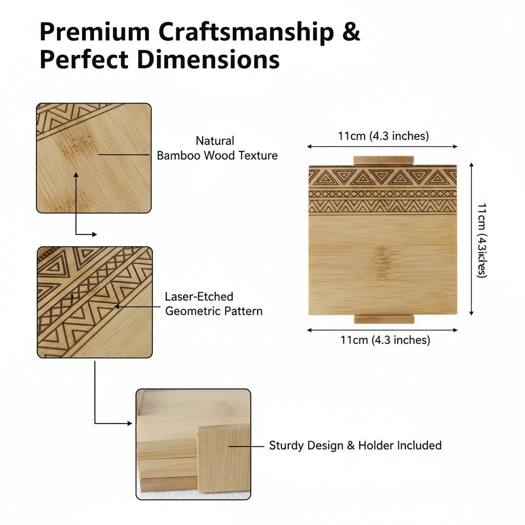 Set de posavasos de bambú con organizador 6 piezas diseño geométrico protector de mesa Bandejita de madera