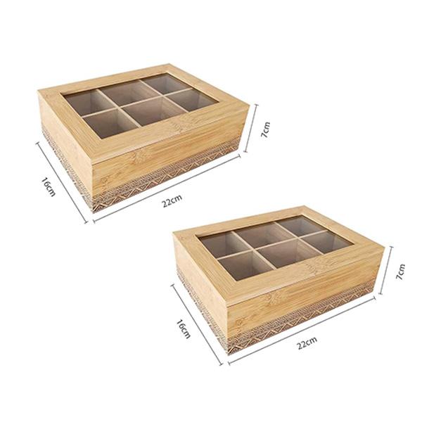 Caja de almacenamiento de té de bambú natural | Compartimentos + tapa de vidrio transparente | Caja hermética ecológica