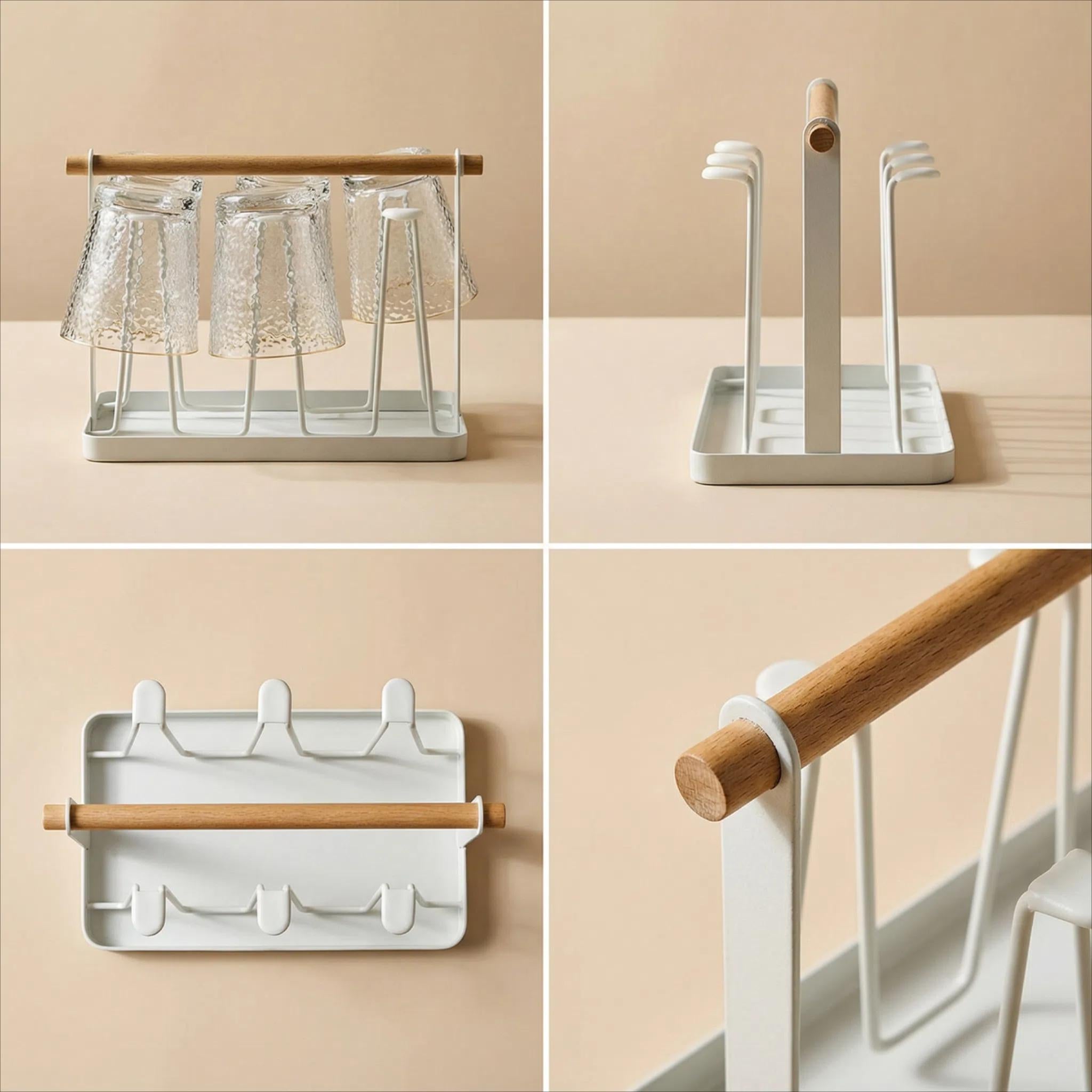 Portavasos de Metal con 6 Espacios y Asa de Madera Porta-esponja para fregadero Diseño Moderno y Resistente para Cocinas Pequeñas y Estilo