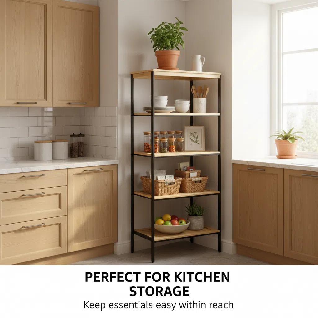 LIN HOME XZ-22120 Organizador Multifuncional de Madera Natural con Marco Metálico 5 Niveles de Almacenamiento para Baño Armario y Cocina Resistente a Arañazos