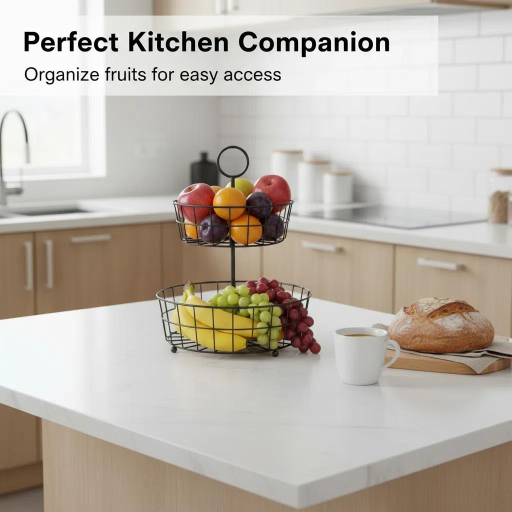 Canasta de frutas de metal negro de dos niveles Organizador de cocina Fruteros resistente con asa