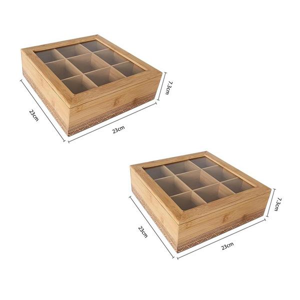 Caja de almacenamiento de té de bambú natural | Compartimentos + tapa de vidrio transparente | Caja hermética ecológica