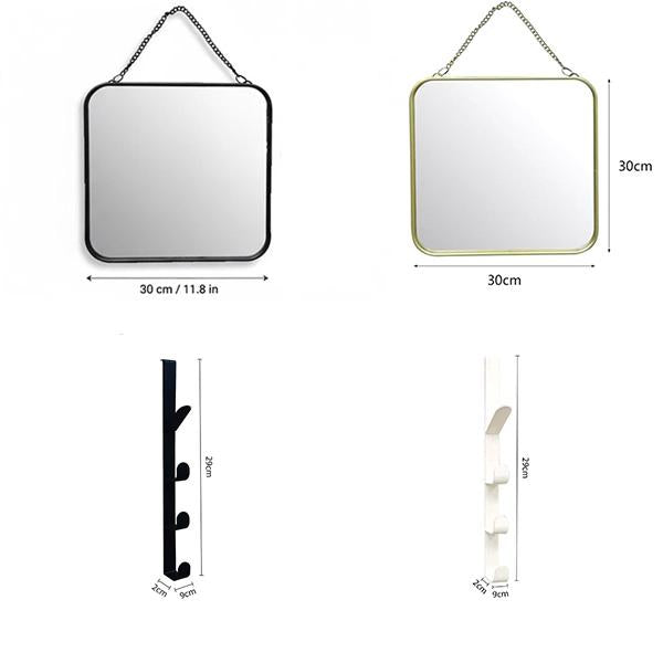 Set de Organización para Baño | Gancho Vertical de 3 Ganchos + Espejo Cuadrado de Alta Definición | Metal Resistente y Antirroto | 9x29cm | Ideal para Baño y Entrada | Organización Moderna y Minimalista