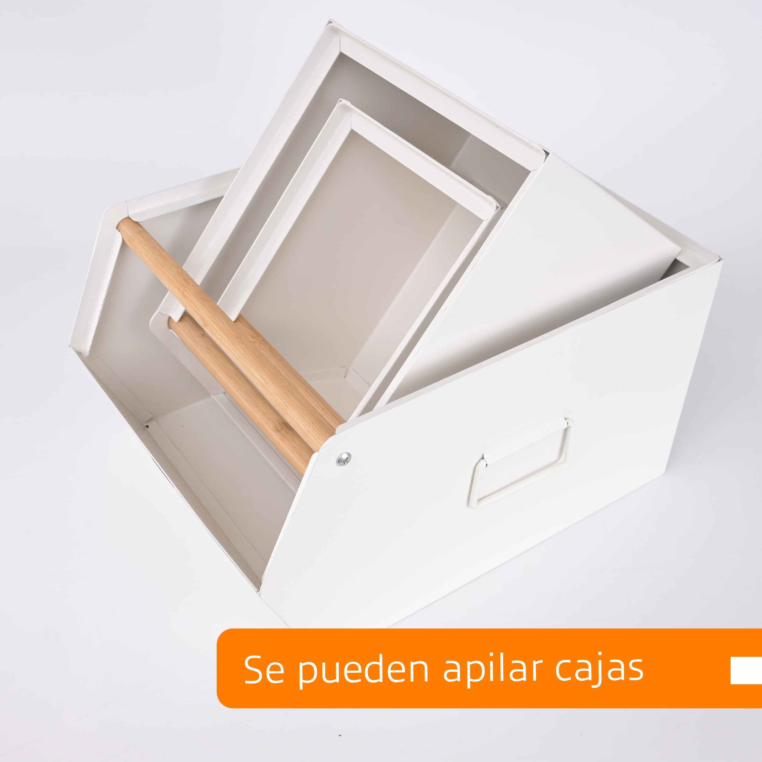 LIN HOME Set de 3 Cajas de Almacenamiento Metálicas Modulares Negro Mate y Blanco Crema Resistente a la Corrosión y Desgaste Capacidad 10kg para Oficina Dormitorio Cocina y Baño Soporte de bambú para cocina