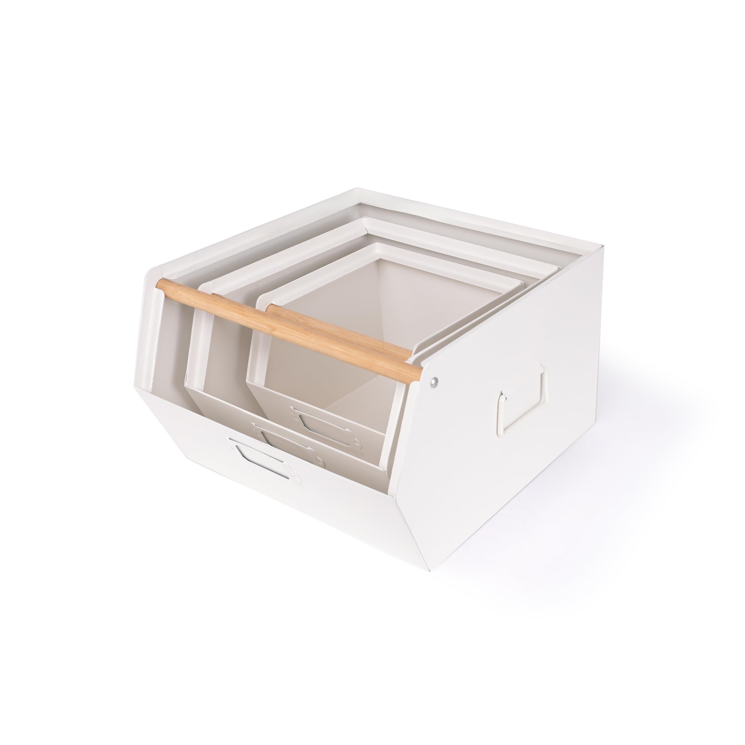 LIN HOME Set de 3 Cajas de Almacenamiento Metálicas Modulares Negro Mate y Blanco Crema Resistente a la Corrosión y Desgaste Capacidad 10kg para Oficina Dormitorio Cocina y Baño Soporte de bambú para cocina