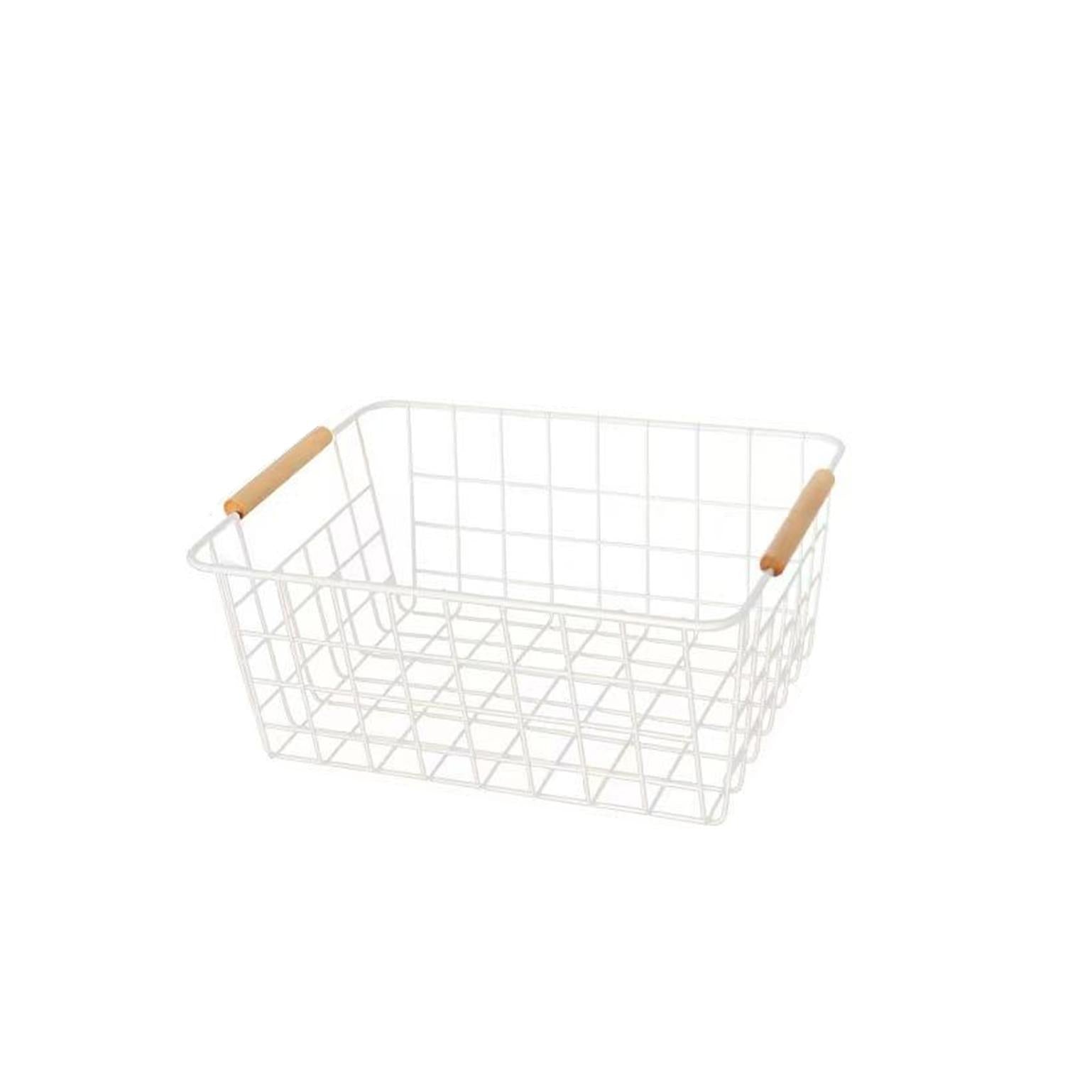 Canasta de Metal con Mango de Madera Diseño Nórdico Multifuncional para Hogar Cocina Baño Dormitorio Sala de Estar Organización Moderna y Práctica 28x22x12.3 cm